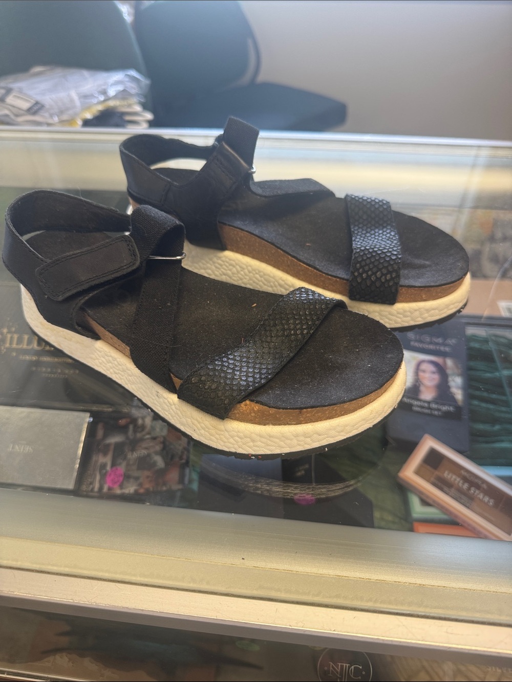 OTBT Black Platform Sandals with Textured Front Strap
